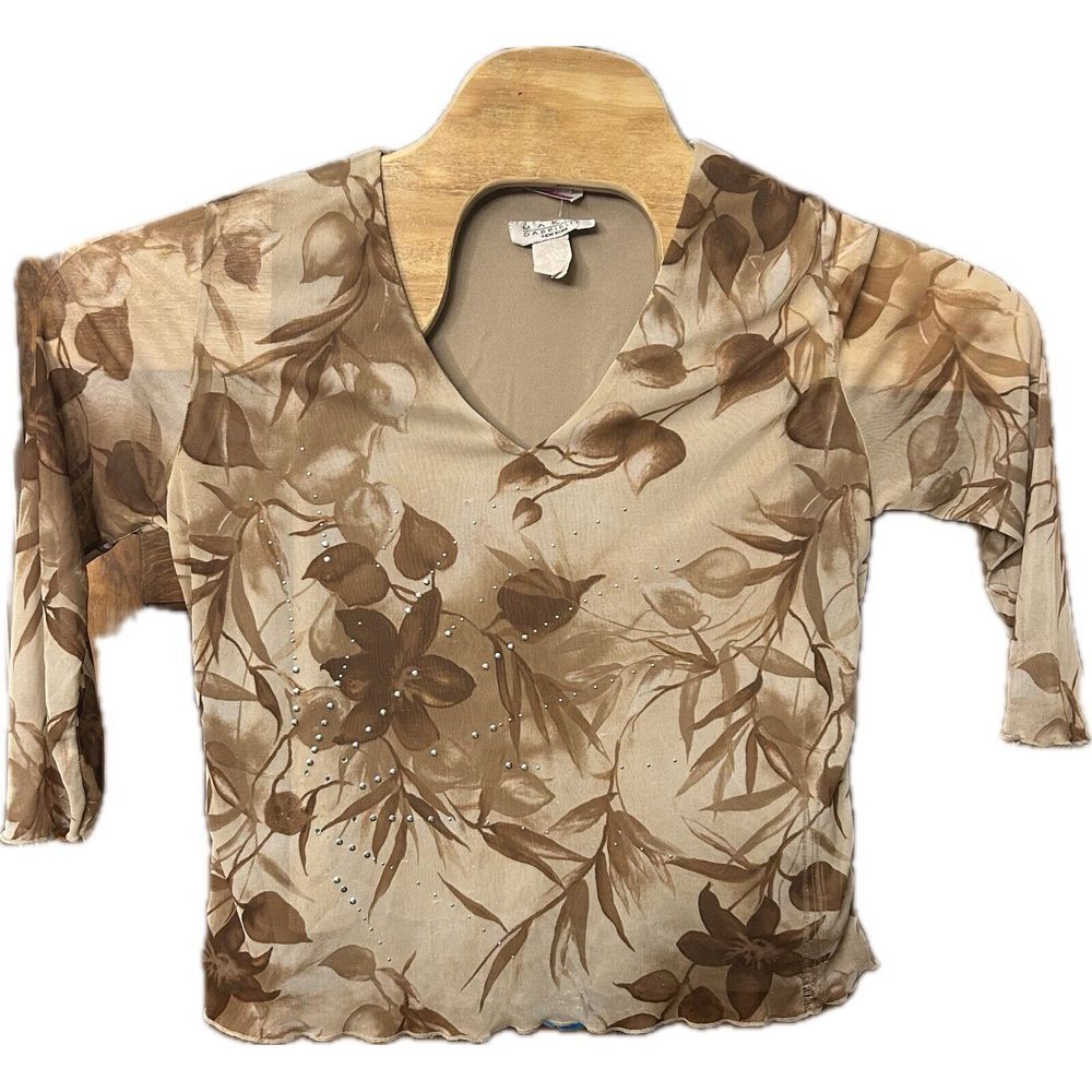 Maria Gabrielle Womens Dark Floral V-Neck Blouse Top Small Semi Sheer‎ VTG Boho